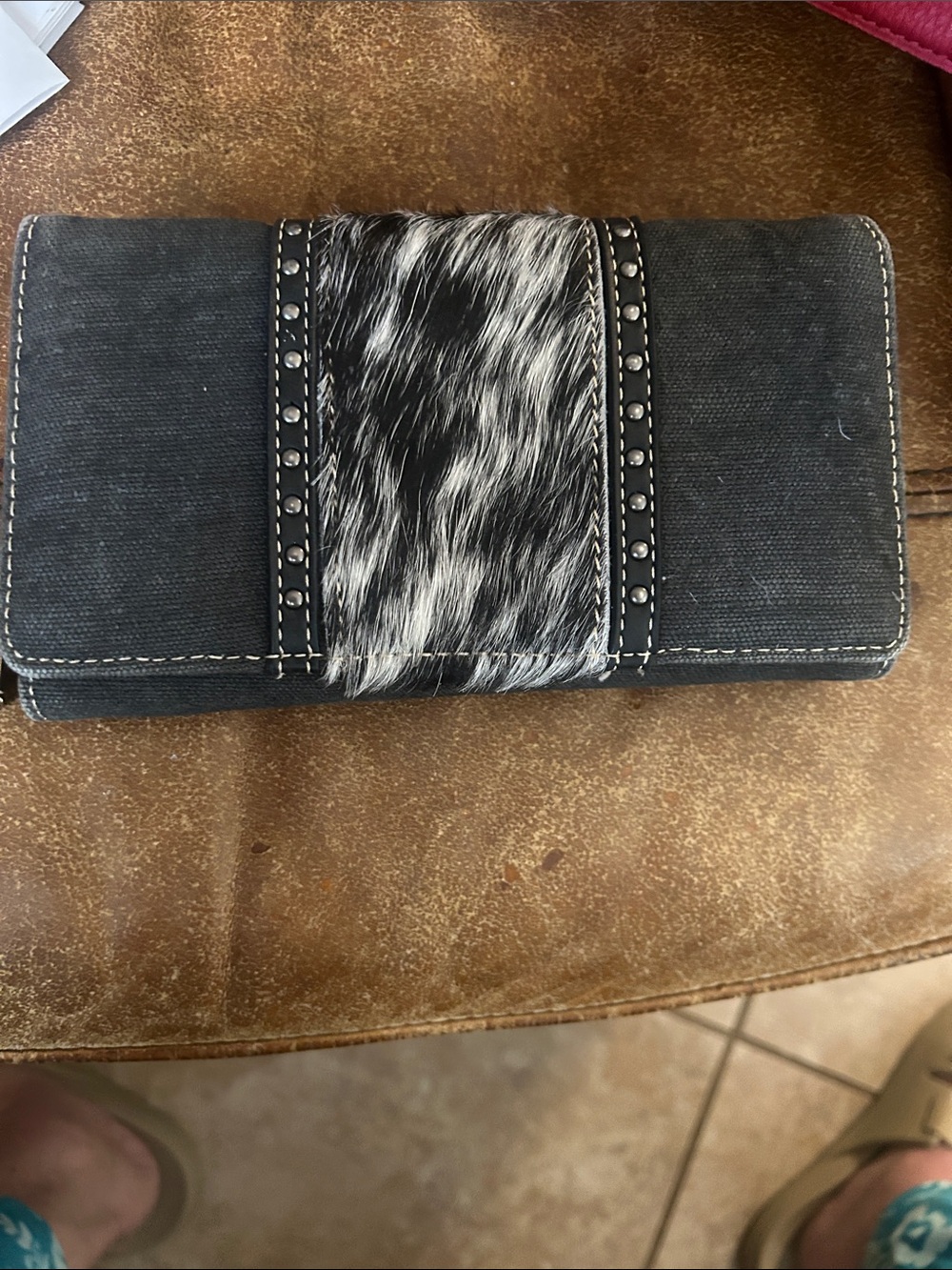Canvas and Haircalf Accent Trifold Wallet in Black and White VGUC